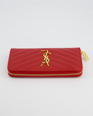 Saint Laurent Cassandra Long Zip Around Wallet in Red Grained Leather With Gold Logo and Hardware