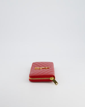 Saint Laurent Cassandra Long Zip Around Wallet in Red Grained Leather With Gold Logo and Hardware