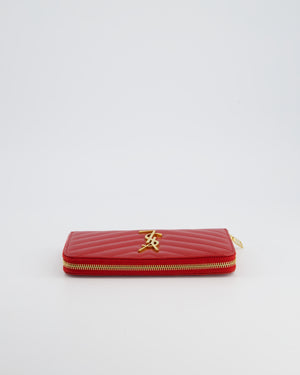 Saint Laurent Cassandra Long Zip Around Wallet in Red Grained Leather With Gold Logo and Hardware