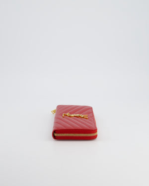 Saint Laurent Cassandra Long Zip Around Wallet in Red Grained Leather With Gold Logo and Hardware