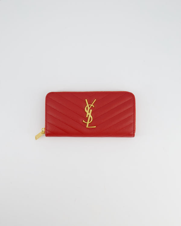 Saint Laurent Cassandra Long Zip Around Wallet in Red Grained Leather With Gold Logo and Hardware