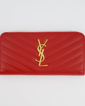 Saint Laurent Cassandra Long Zip Around Wallet in Red Grained Leather With Gold Logo and Hardware