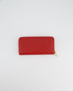 Saint Laurent Cassandra Long Zip Around Wallet in Red Grained Leather With Gold Logo and Hardware