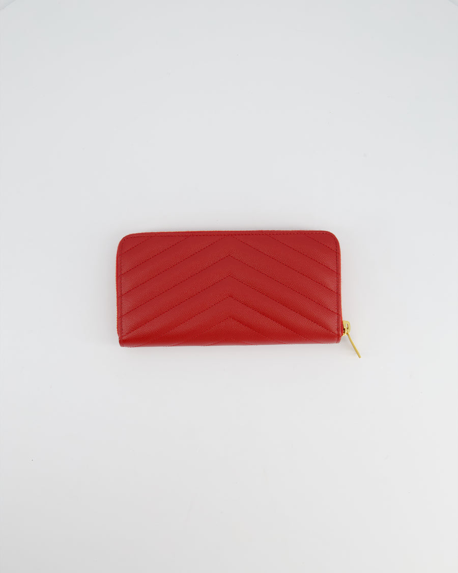 Saint Laurent Cassandra Long Zip Around Wallet in Red Grained Leather With Gold Logo and Hardware