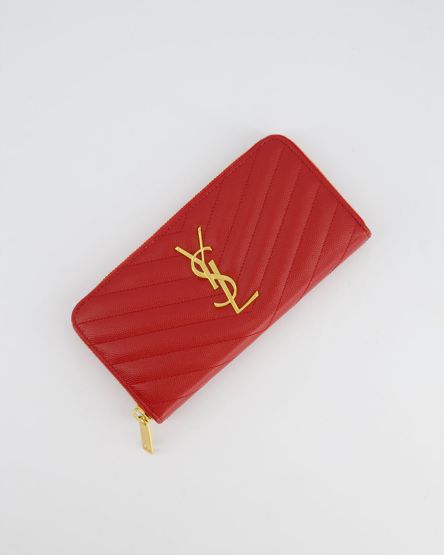 Saint Laurent Cassandra Long Zip Around Wallet in Red Grained Leather With Gold Logo and Hardware