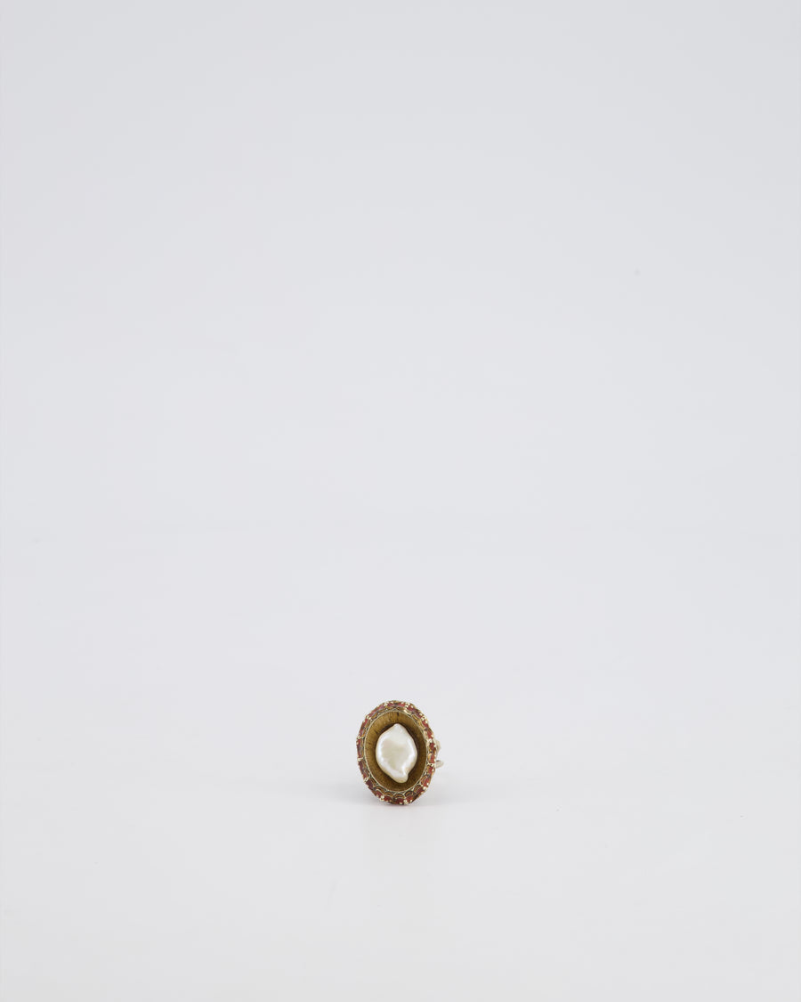 Chanel 10/C Antique Gold and Pearl Ring with Enamel Detail