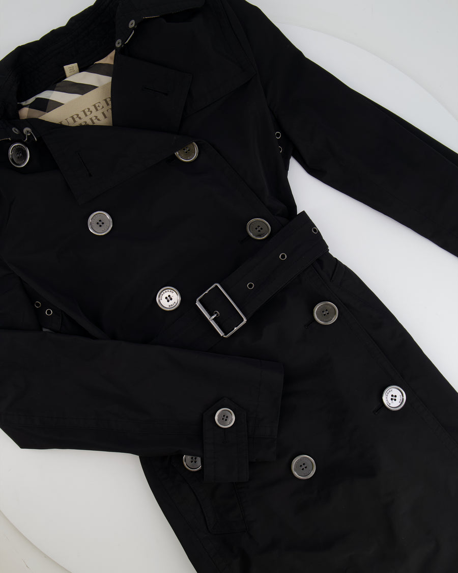 Burberry Black Trench Coat with Belt and Silver Logo Button Details Size UK 4