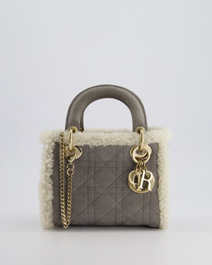 Christian Dior Grey Mini Lady Dior in Suede and Sheepskin Trim with Champagne Gold Hardware