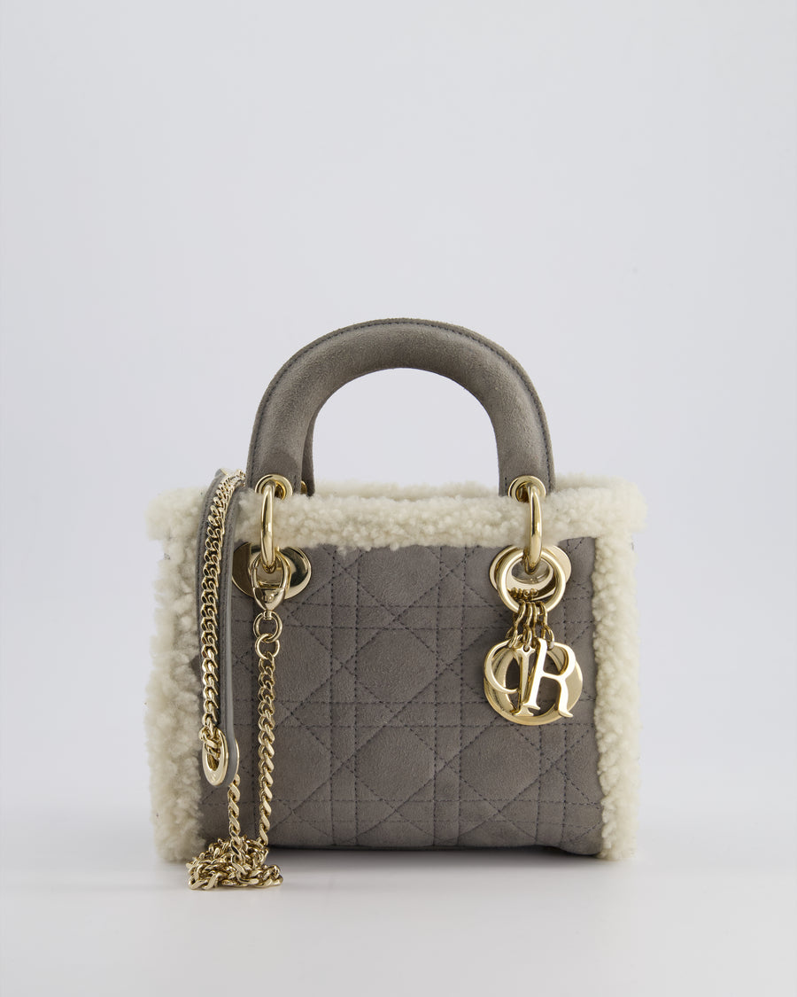 Christian Dior Grey Mini Lady Dior in Suede and Sheepskin Trim with Champagne Gold Hardware