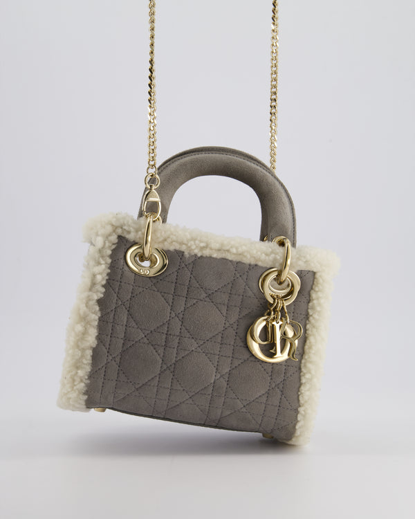 Christian Dior Grey Mini Lady Dior in Suede and Sheepskin Trim with Champagne Gold Hardware