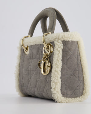 Christian Dior Grey Mini Lady Dior in Suede and Sheepskin Trim with Champagne Gold Hardware