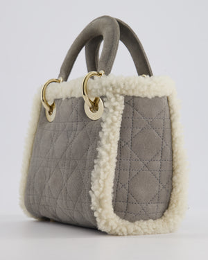 Christian Dior Grey Mini Lady Dior in Suede and Sheepskin Trim with Champagne Gold Hardware