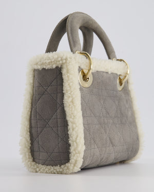 Christian Dior Grey Mini Lady Dior in Suede and Sheepskin Trim with Champagne Gold Hardware