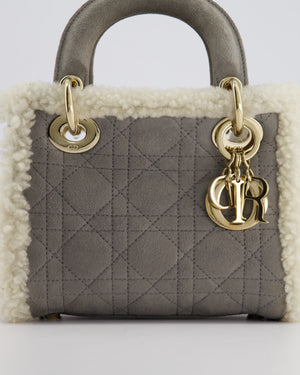 Christian Dior Grey Mini Lady Dior in Suede and Sheepskin Trim with Champagne Gold Hardware