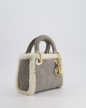 Christian Dior Grey Mini Lady Dior in Suede and Sheepskin Trim with Champagne Gold Hardware