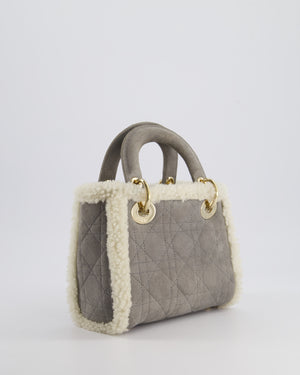 Christian Dior Grey Mini Lady Dior in Suede and Sheepskin Trim with Champagne Gold Hardware