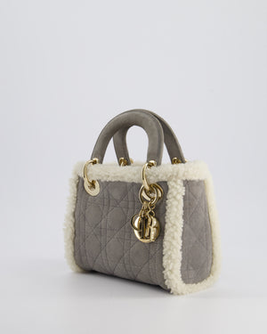 Christian Dior Grey Mini Lady Dior in Suede and Sheepskin Trim with Champagne Gold Hardware