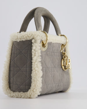 Christian Dior Grey Mini Lady Dior in Suede and Sheepskin Trim with Champagne Gold Hardware