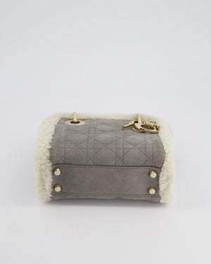 Christian Dior Grey Mini Lady Dior in Suede and Sheepskin Trim with Champagne Gold Hardware