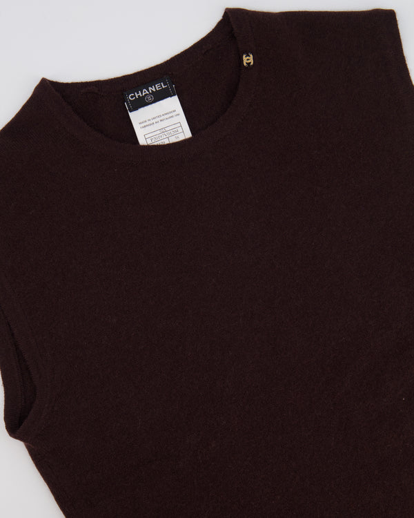 Chanel 02/A Chocolate Brown Cashmere Sleeveless Top with CC Logo Detail FR 38 (UK 10)