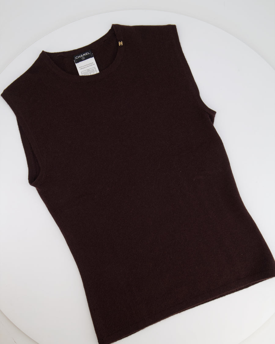 Chanel 02/A Chocolate Brown Cashmere Sleeveless Top with CC Logo Detail FR 38 (UK 10)