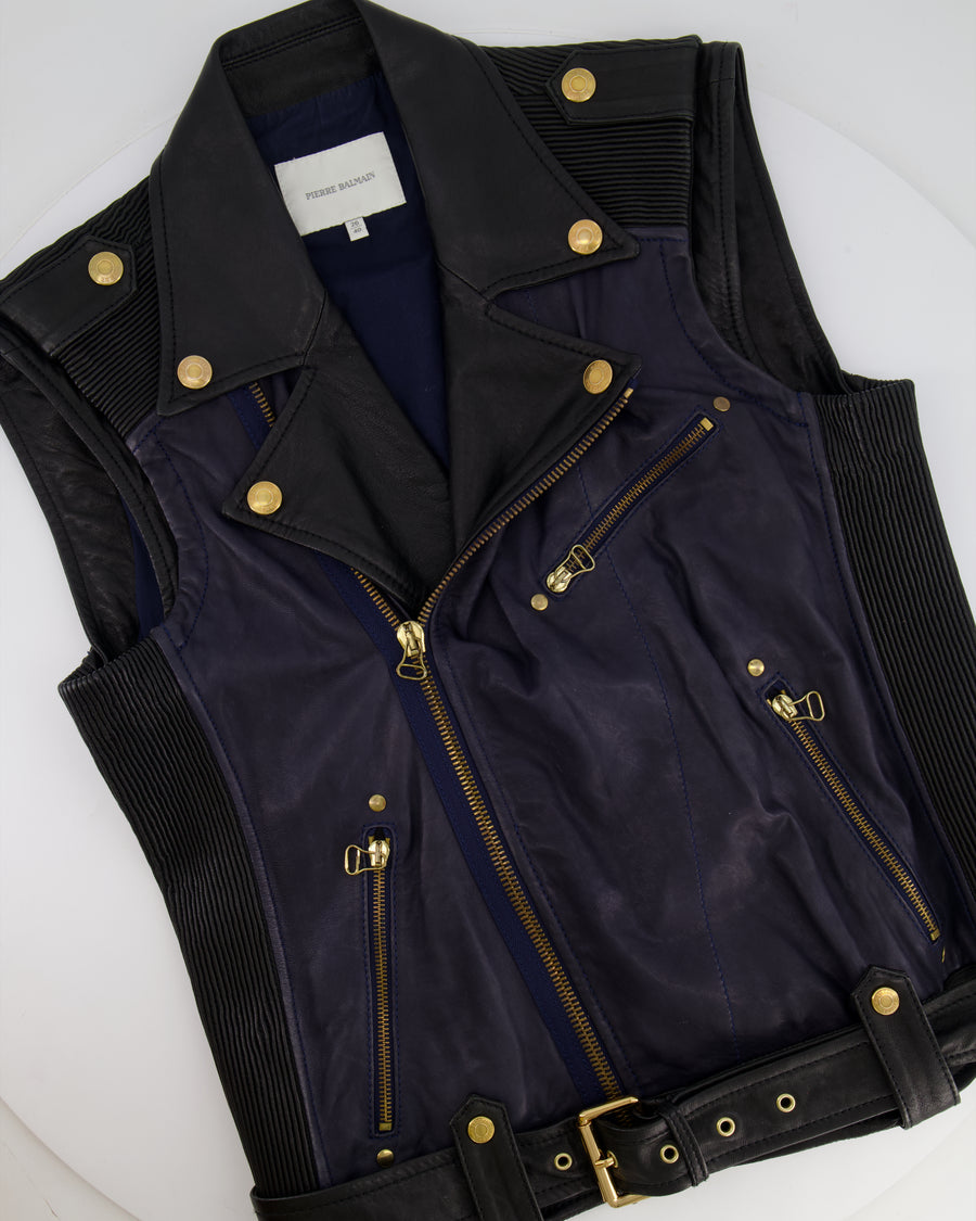 Pierre Balmain Navy and Black Sleeveless Leather Jacket with Gold Button Details Size FR 40 (UK 12)