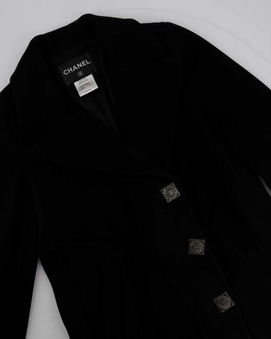 Chanel Black Wool Coat with Square Ruthenium CC Logo Buttons Size FR 34 (UK 6)