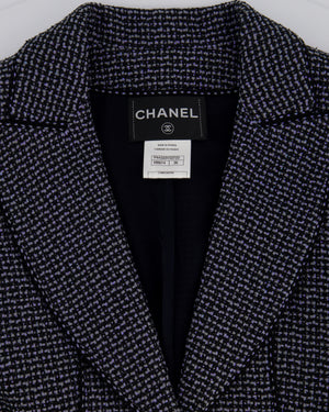 Chanel Black 
Grey Metallic Tweed Curved Hem Jacket with Ruthenium CC Button Detail FR 36 (UK 8)