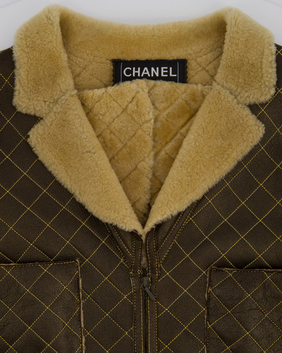 Chanel Brown Quilted Stitch Shearling Zip -Up Jacket With Double Collar Detail FR 36 (UK 8)