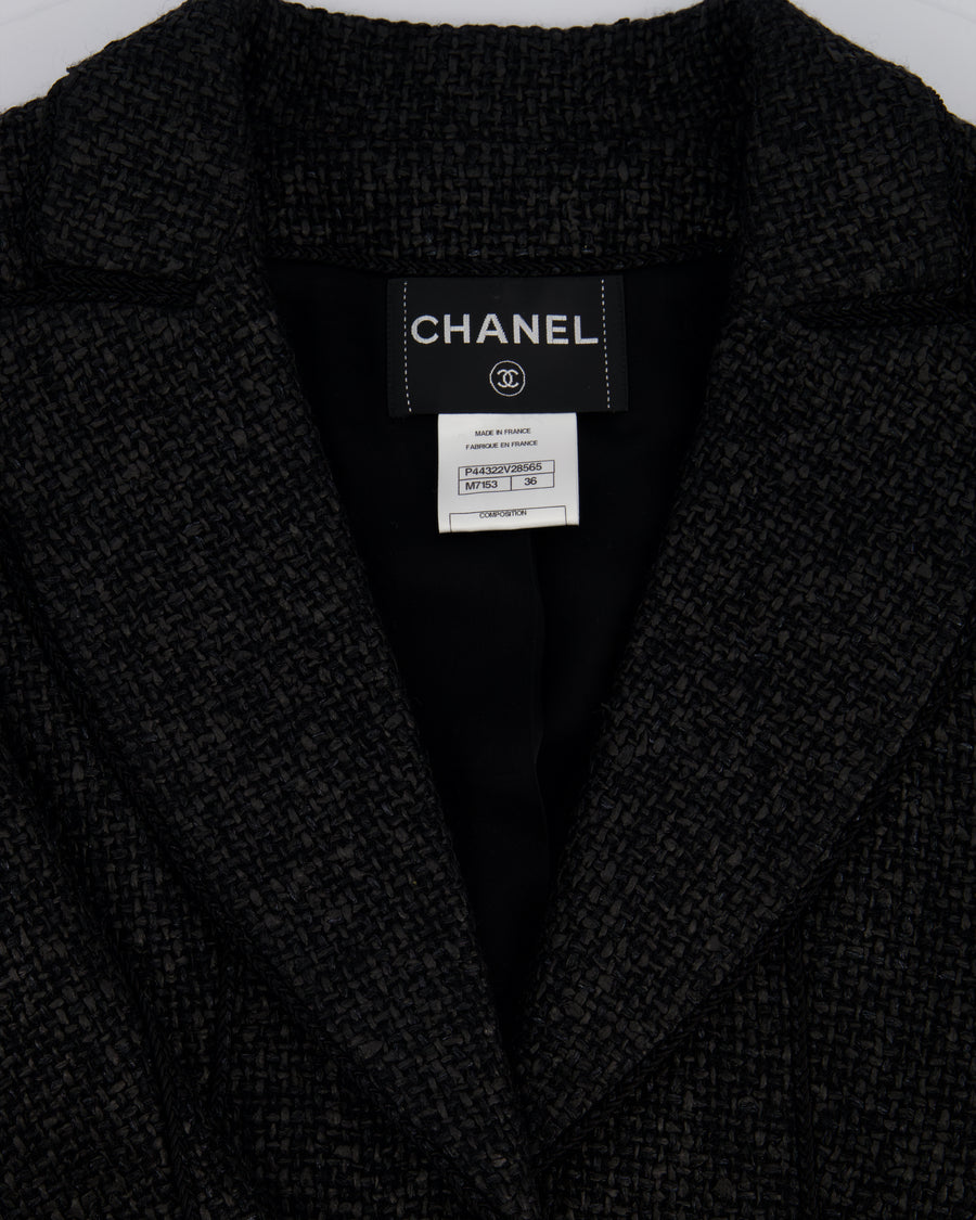 Chanel Black Coated Tweed Curved Hem Jacket with Silver CC Button Detail FR 36 (UK 8)