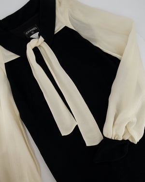 Chanel Black Midi Dress With Cream Silk Chiffon Sleeves and Neck Tie With Shimmer Detail Size FR 40 (UK 12)