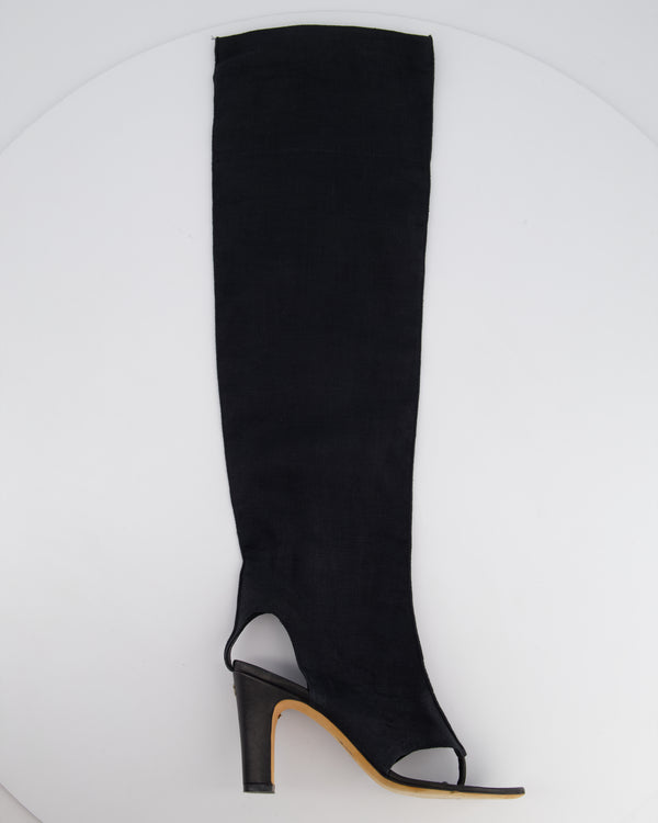 Chanel Black Linen Over-The-Knee Sandal Boots with Silver Heel Logo Detail Size EU 37