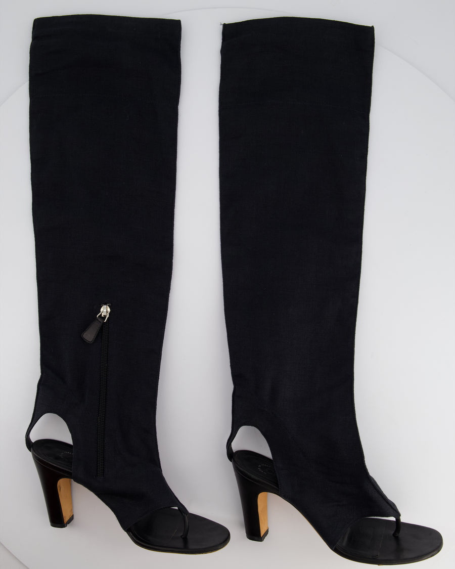 Chanel Black Linen Over-The-Knee Sandal Boots with Silver Heel Logo Detail Size EU 37