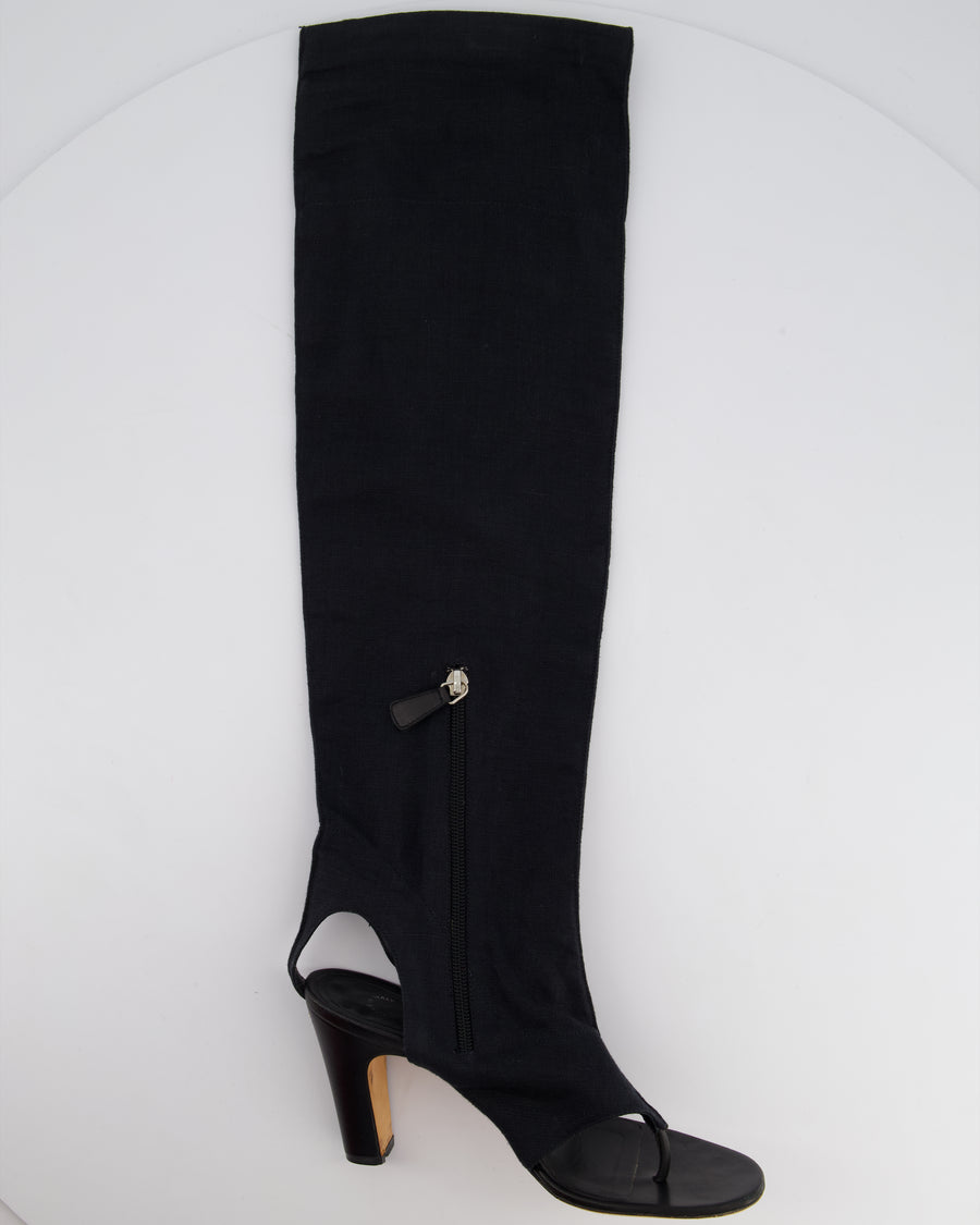 Chanel Black Linen Over-The-Knee Sandal Boots with Silver Heel Logo Detail Size EU 37