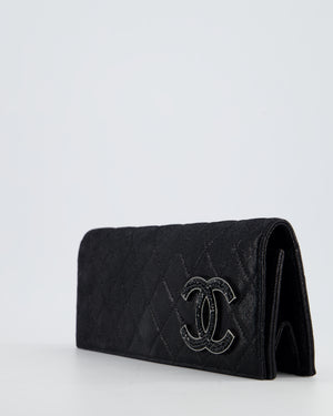 *HOT* Chanel Black Shiny Quilted Long Clutch in Coated Calfskin with Silver Hardware and Crystal CC Detail