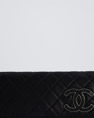 *HOT* Chanel Black Shiny Quilted Long Clutch in Coated Calfskin with Silver Hardware and Crystal CC Detail