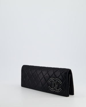 *HOT* Chanel Black Shiny Quilted Long Clutch in Coated Calfskin with Silver Hardware and Crystal CC Detail