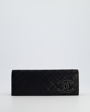 *HOT* Chanel Black Shiny Quilted Long Clutch in Coated Calfskin with Silver Hardware and Crystal CC Detail