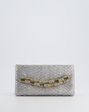 *RARE* Chanel Metallic Silver Paris Bombay Clutch in Python Leather and Antique Gold Hardware with Embellished Crystals