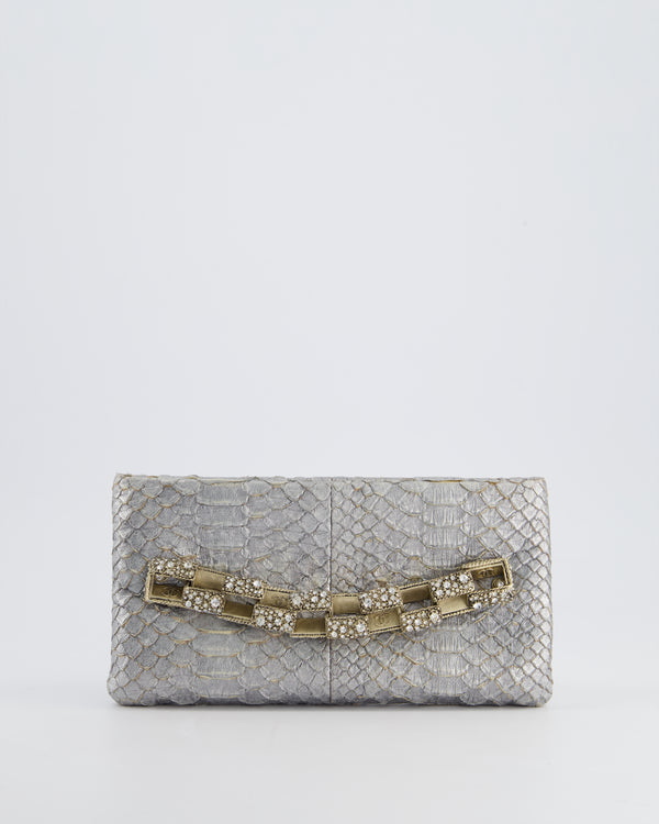 *RARE* Chanel Metallic Silver Paris Bombay Clutch in Python Leather and Antique Gold Hardware with Embellished Crystals