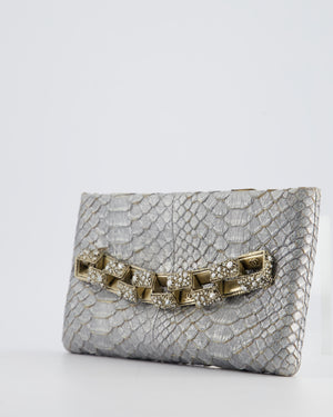 *RARE* Chanel Metallic Silver Paris Bombay Clutch in Python Leather and Antique Gold Hardware with Embellished Crystals