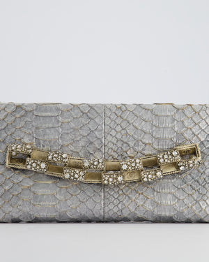 *RARE* Chanel Metallic Silver Paris Bombay Clutch in Python Leather and Antique Gold Hardware with Embellished Crystals