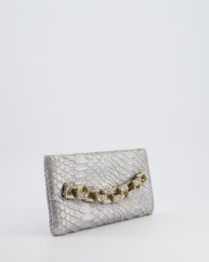 *RARE* Chanel Metallic Silver Paris Bombay Clutch in Python Leather and Antique Gold Hardware with Embellished Crystals