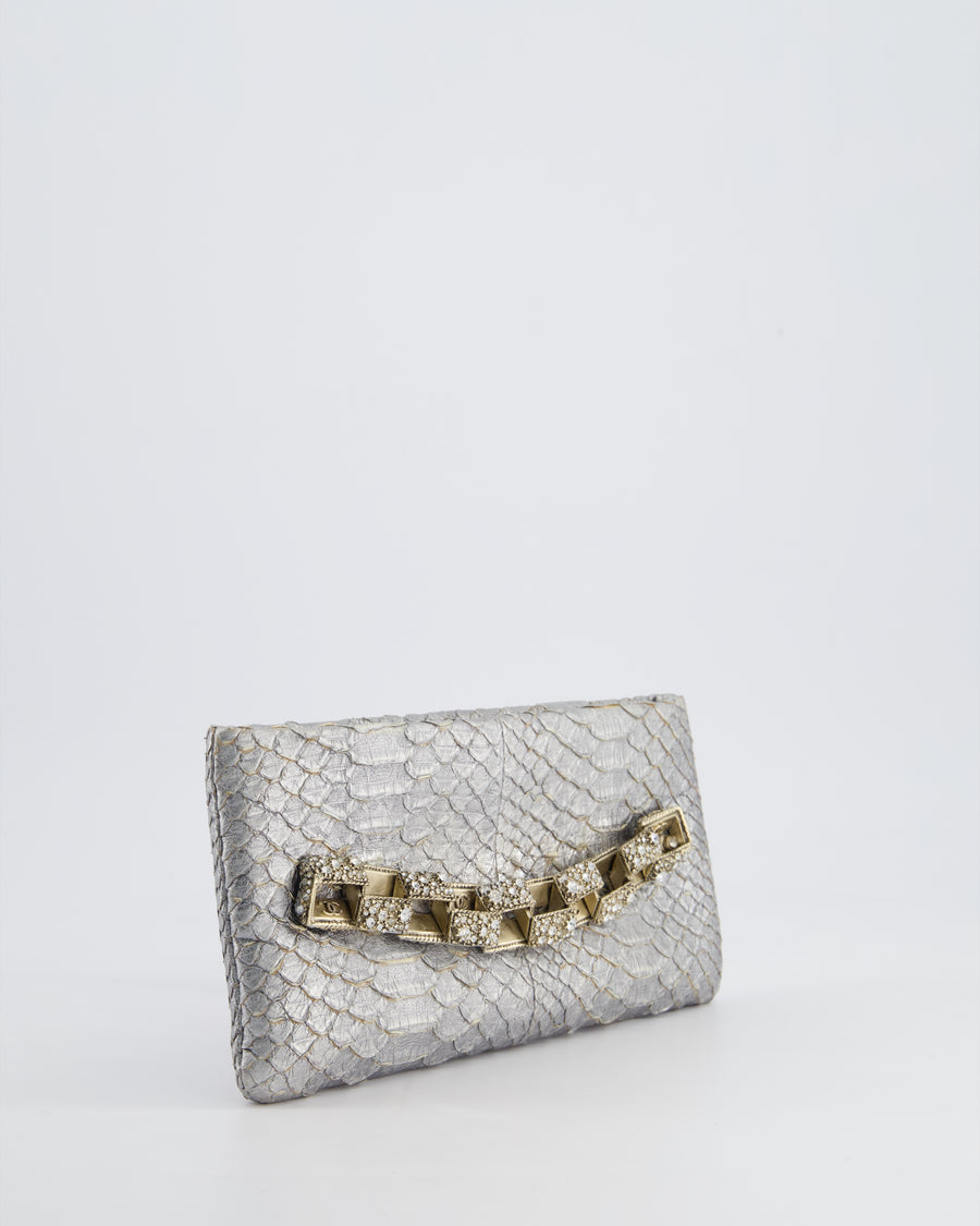 *RARE* Chanel Metallic Silver Paris Bombay Clutch in Python Leather and Antique Gold Hardware with Embellished Crystals