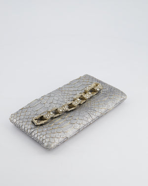 *RARE* Chanel Metallic Silver Paris Bombay Clutch in Python Leather and Antique Gold Hardware with Embellished Crystals