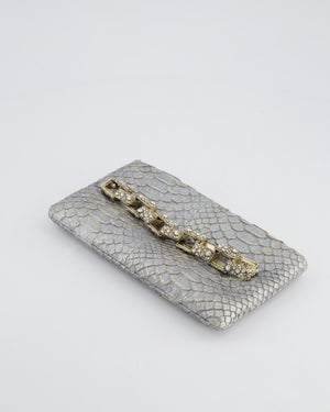 *RARE* Chanel Metallic Silver Paris Bombay Clutch in Python Leather and Antique Gold Hardware with Embellished Crystals