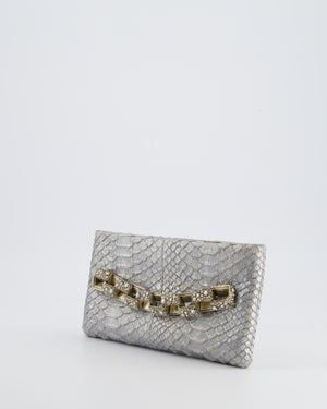 *RARE* Chanel Metallic Silver Paris Bombay Clutch in Python Leather and Antique Gold Hardware with Embellished Crystals