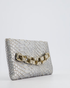 *RARE* Chanel Metallic Silver Paris Bombay Clutch in Python Leather and Antique Gold Hardware with Embellished Crystals