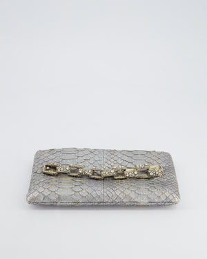 *RARE* Chanel Metallic Silver Paris Bombay Clutch in Python Leather and Antique Gold Hardware with Embellished Crystals