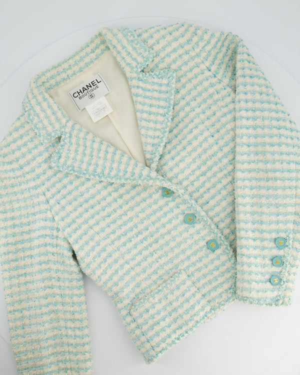 Chanel Vintage 97P Light Blue 
White Stripe Tweed Short Blazer with Blue 
Gold CC Button Detail Size FR 38 (UK 10)